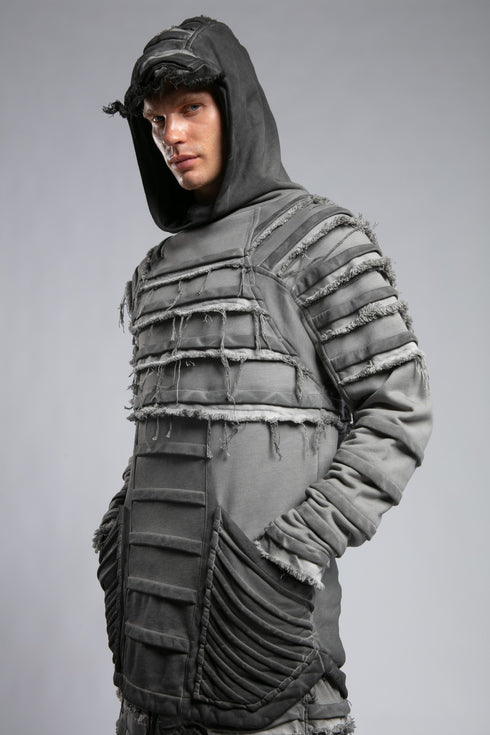 Ribbed Denim Band Hooded Sweatshirt