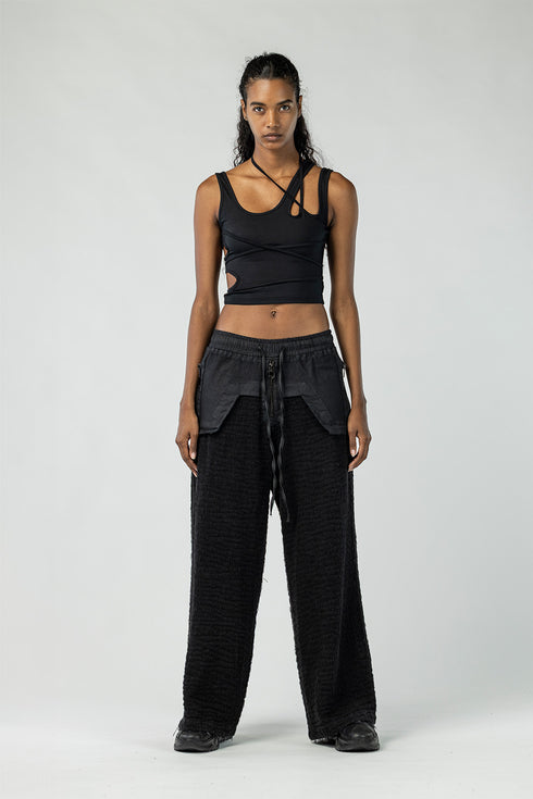 Women's Wide Leg Denim Pants with Leather Details