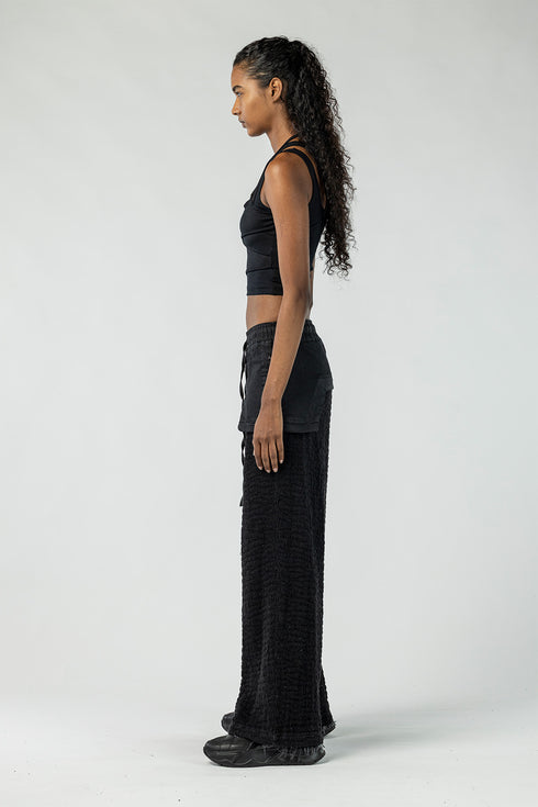 Women's Wide Leg Denim Pants with Leather Details