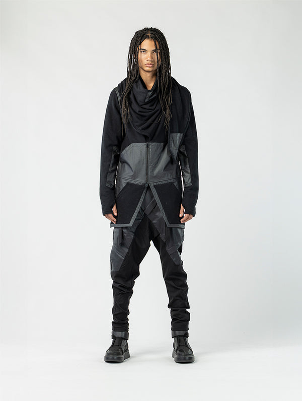 Men's Paneled Cardigan with Attached Scarf