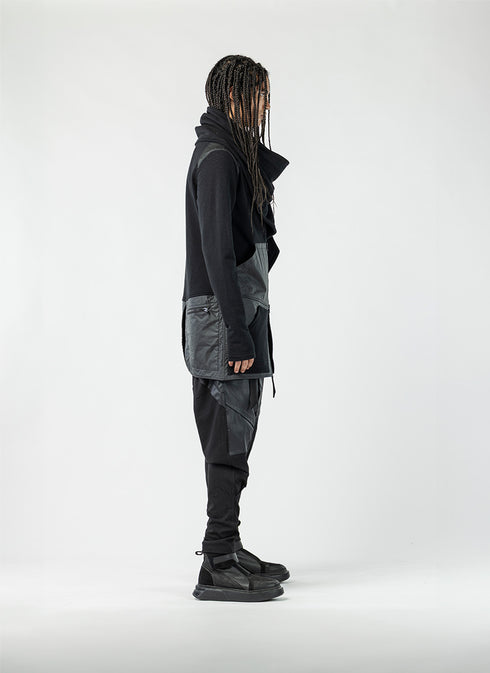 Men's Paneled Cardigan with Attached Scarf