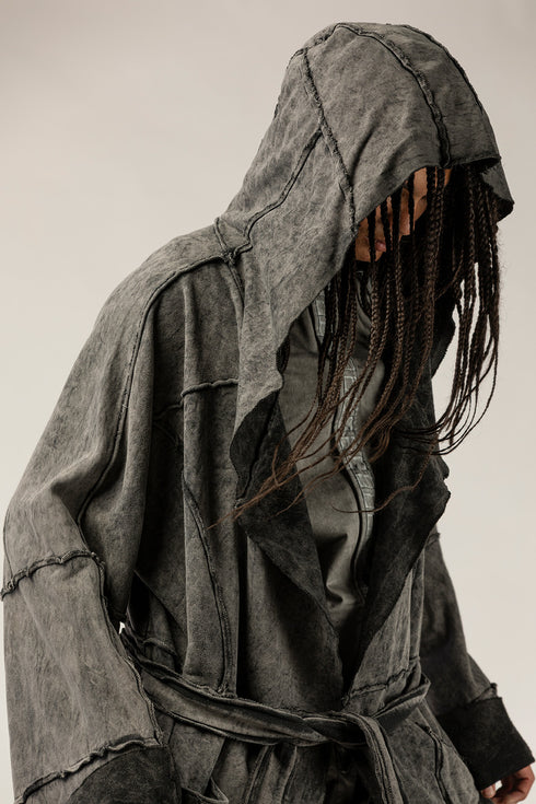 Men's Cardigan with Raw Stitching and Belt Detail