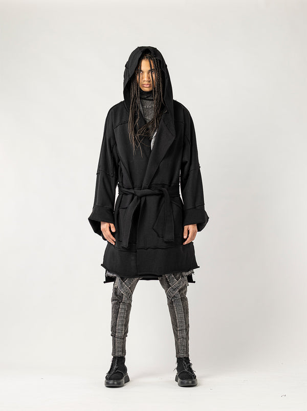 Men's Cardigan with Raw Stitching and Belt Detail