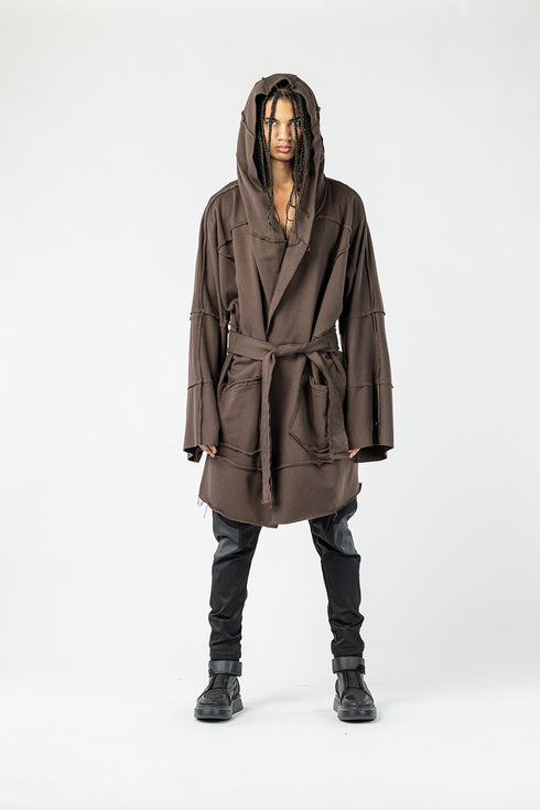 Men's Cardigan with Raw Stitching and Belt Detail