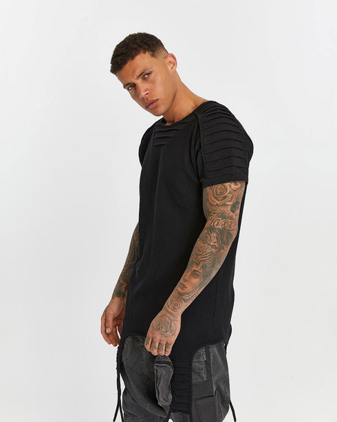 Men's T-Shirt with Ribbed Shoulders in Black angel view with longline silhouette