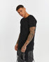 Men's T-Shirt with Ribbed Shoulders in Black angel view with longline silhouette