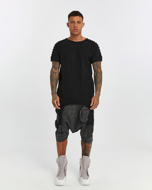 Men's T-Shirt with Ribbed Shoulders in Black front view with longline silhouette