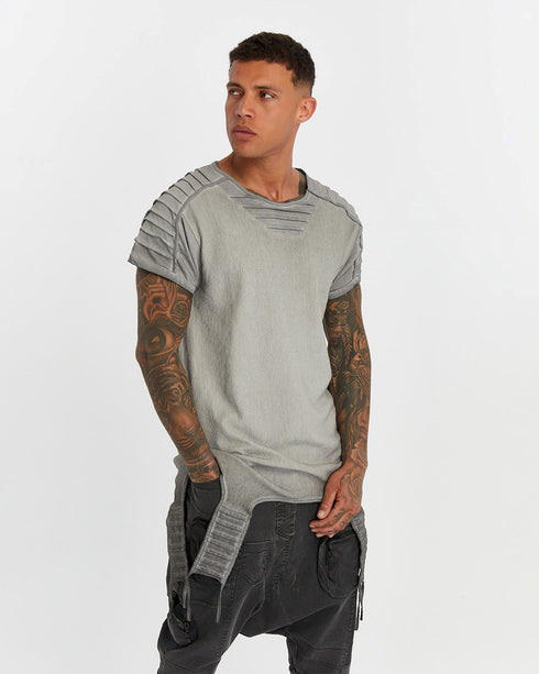 Men's T-Shirt with Ribbed Shoulders in Grey detail view showing ribbed shoulder panels