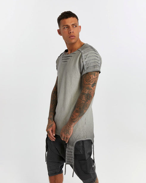 Men's T-Shirt with Ribbed Shoulders in Grey detail view showing ribbed shoulder panels