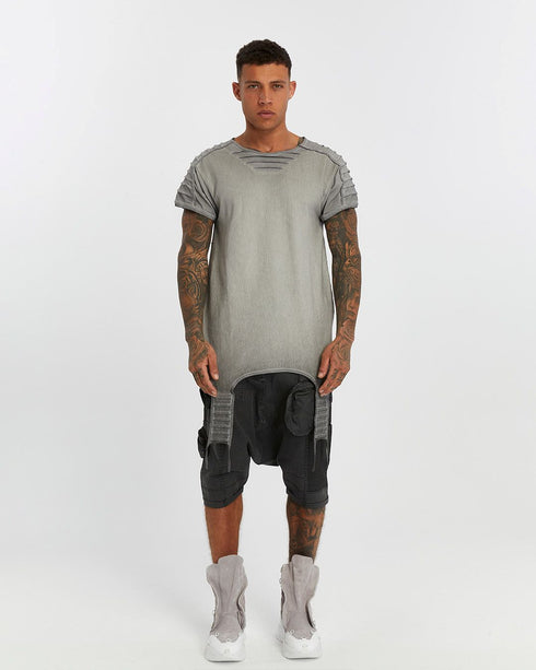 Men's T-Shirt with Ribbed Shoulders in Grey front view with longline silhouette
