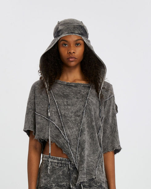 Women's Ribbed Bandana in Acid Grey front view with sculptural drape