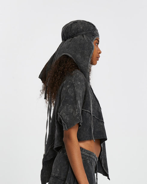 Women's Ribbed Bandana in Acid Black right side view with tie detail