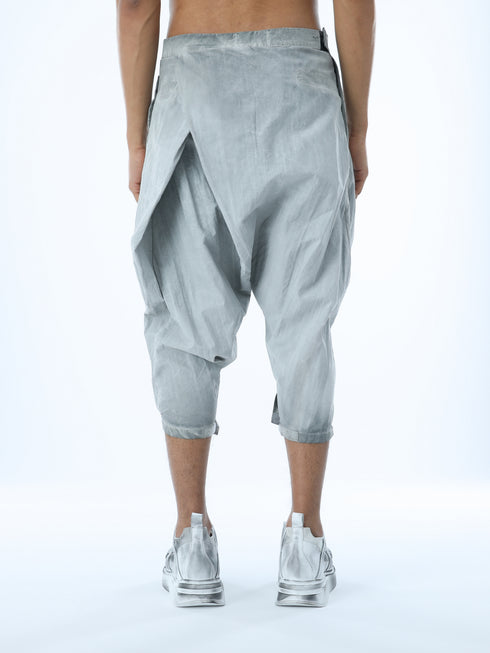 Junus Coban men’s grey drop-crotch capri pants back view