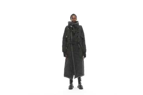 Backpack Detail Long Quilted Women's Coat