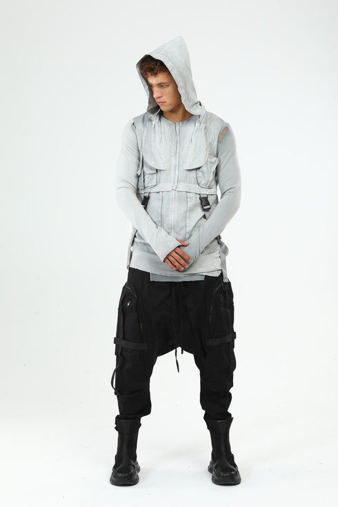 Junus Coban Closed-Hood Multi-Pocket Vest Grey