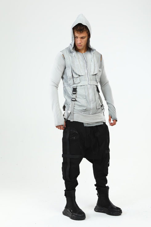 Junus Coban Closed-Hood Multi-Pocket Vest Grey