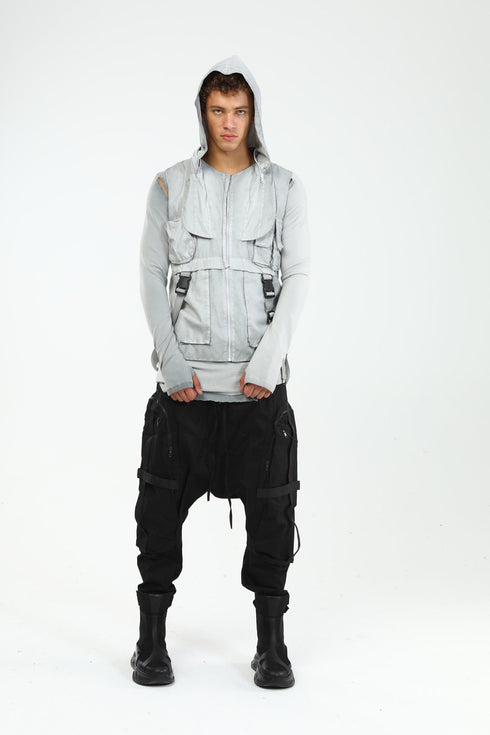 Junus Coban Closed-Hood Multi-Pocket Vest Grey