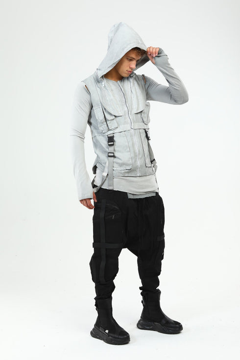 Junus Coban Closed-Hood Multi-Pocket Vest Grey