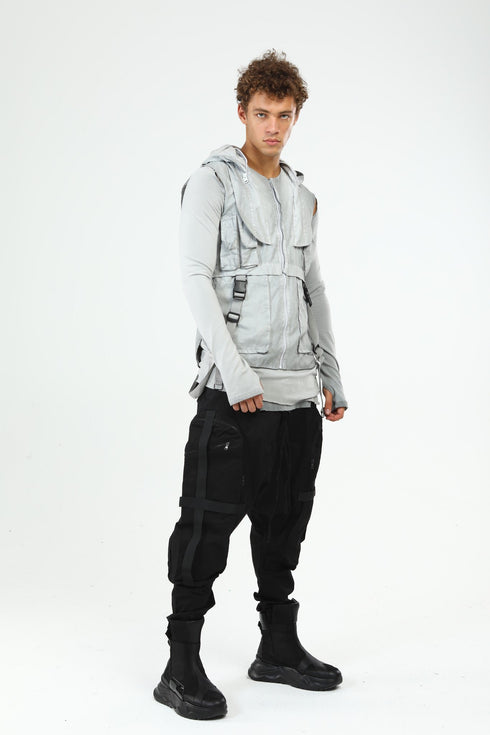 Junus Coban Closed-Hood Multi-Pocket Vest Grey