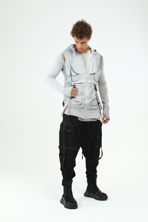 Junus Coban Closed-Hood Multi-Pocket Vest Grey