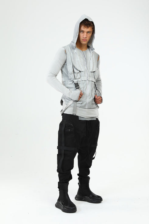 Junus Coban Closed-Hood Multi-Pocket Vest Grey