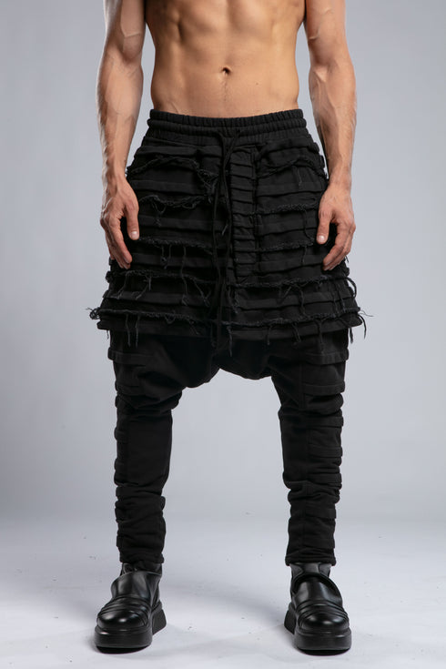 Junus Coban Men's Denim Detail Pants in Acid Black close front view showing layered denim-style texture