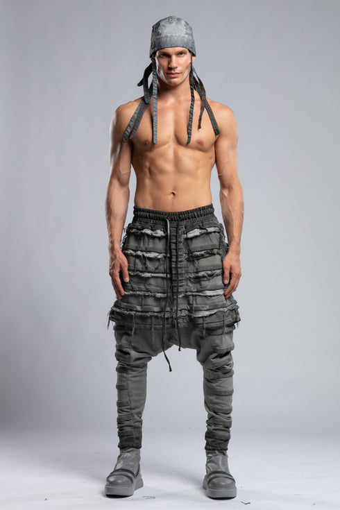 Junus Coban Men's Denim Detail Pants in Acid Grey front view with dropped silhouette and layered distressed detailing