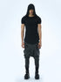 Front view of men’s black hooded multi-pleated T-shirt with short sleeves and bold avant-garde streetwear styling.