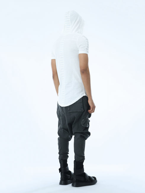 Back angle view of men’s white hooded T-shirt showing pleated hood and back detail.