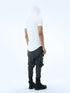 Back angle view of men’s white hooded T-shirt showing pleated hood and back detail.