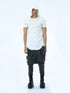 Front view of men’s white hooded multi-pleated T-shirt with short sleeves and sharp avant-garde streetwear look.