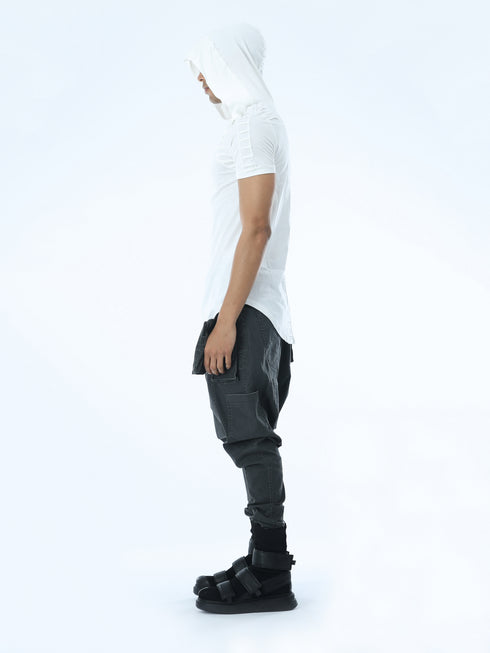 Side view of men’s white hooded multi-pleated T-shirt with slim regular fit and festival-ready styling.