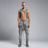 Front view of men’s anthracite piped raw stitch shalwar pants with drop-crotch fit and elastic waistband.