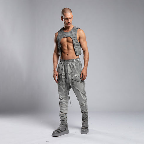 Full look view of men’s anthracite piped raw stitch shalwar pants styled for festival and streetwear outfits.