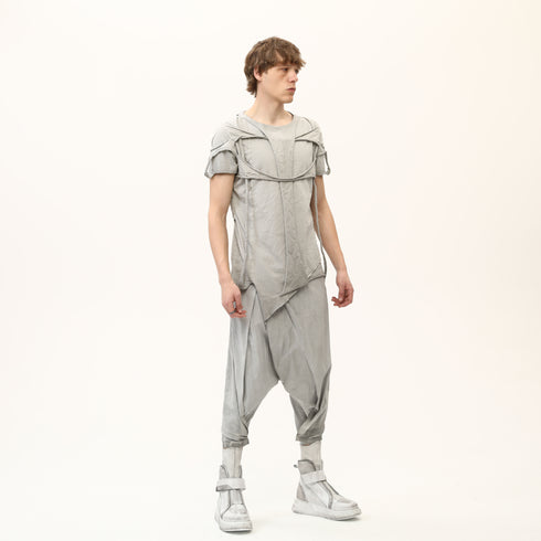 Front view of men’s anthracite raw seam T-shirt with asymmetric layered front and bold streetwear styling.