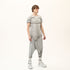 Front view of men’s anthracite raw seam T-shirt with asymmetric layered front and bold streetwear styling.