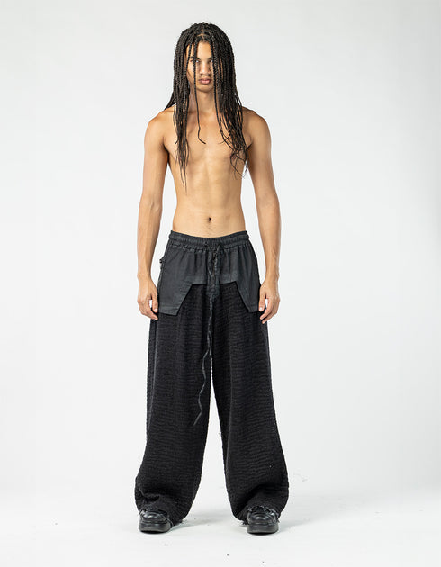 Junus Coban Men's Wide Leg Denim Pants with Leather Details denim avant garde pants