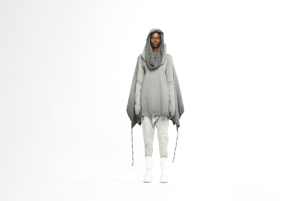 Junus Coban Nomad hooded tunic front view in light grey