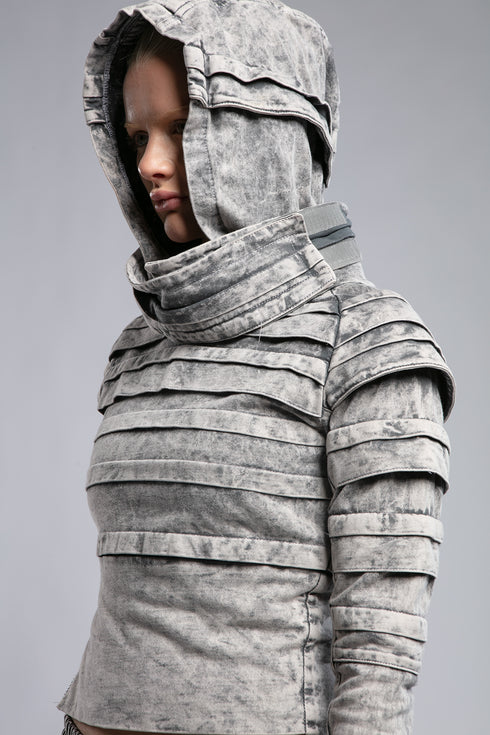 Junus Coban Women's Ribbed Sweatshirt in acid grey hood and neck detail