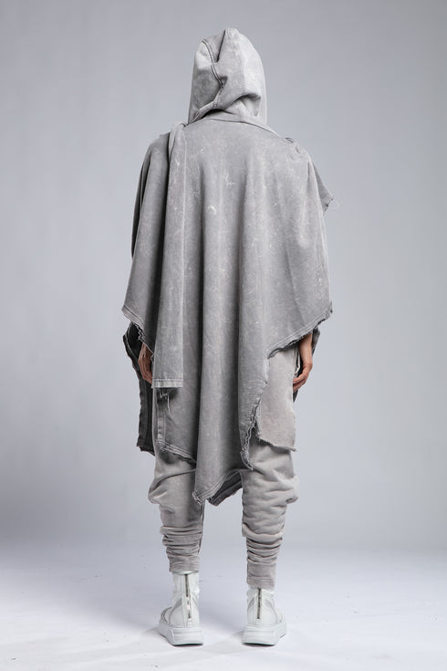 Junus Coban Women's Scarf Cardigan in Acid Grey back view with oversized hood and cape-like drape