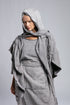 Junus Coban Women's Scarf Cardigan in Acid Grey close-up showing hood, scarf detail and acid-wash texture