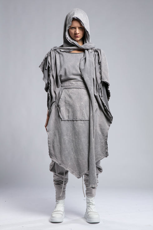Junus Coban Women's Scarf Cardigan in Acid Grey front view with hood, scarf detail and draped silhouette