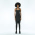 Back view of women’s black strapless drop-crotch jumpsuit with adjustable shoulder straps and slim lower-leg fit.