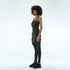 Side view of women’s black strapless jumpsuit with drop-crotch silhouette, side pocket details and avant-garde streetwear styling.