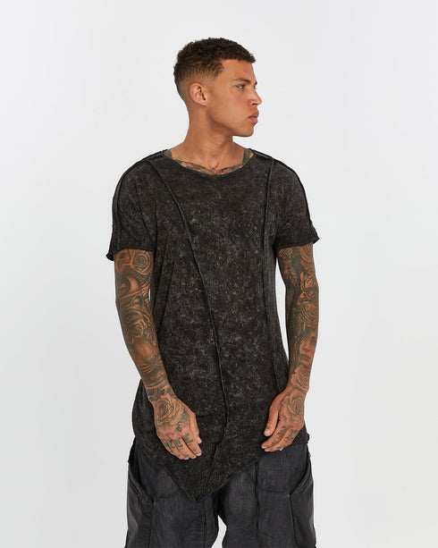 Men's Raw Seam T-shirt in Acid Black close view showing washed texture and exposed seams