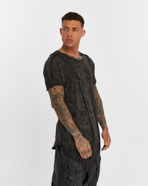 Men's Raw Seam T-shirt in Acid Black angled view with raw seam lines