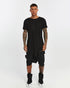 Men's Raw Seam T-shirt in Black front view with pointed hem and exposed seam detail