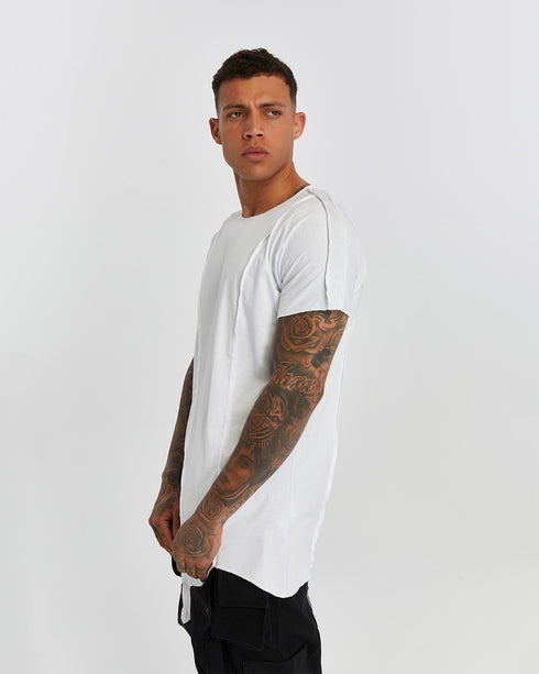 Men's Raw Seam T-shirt in White close view with clean structured finish