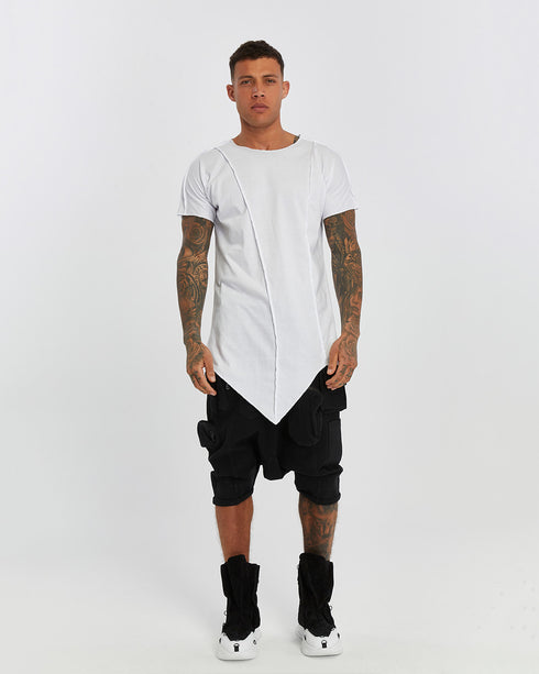 Men's Raw Seam T-shirt in White front view with pointed hem and exposed seam detail