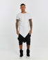 Men's Raw Seam T-shirt in White front view with pointed hem and exposed seam detail